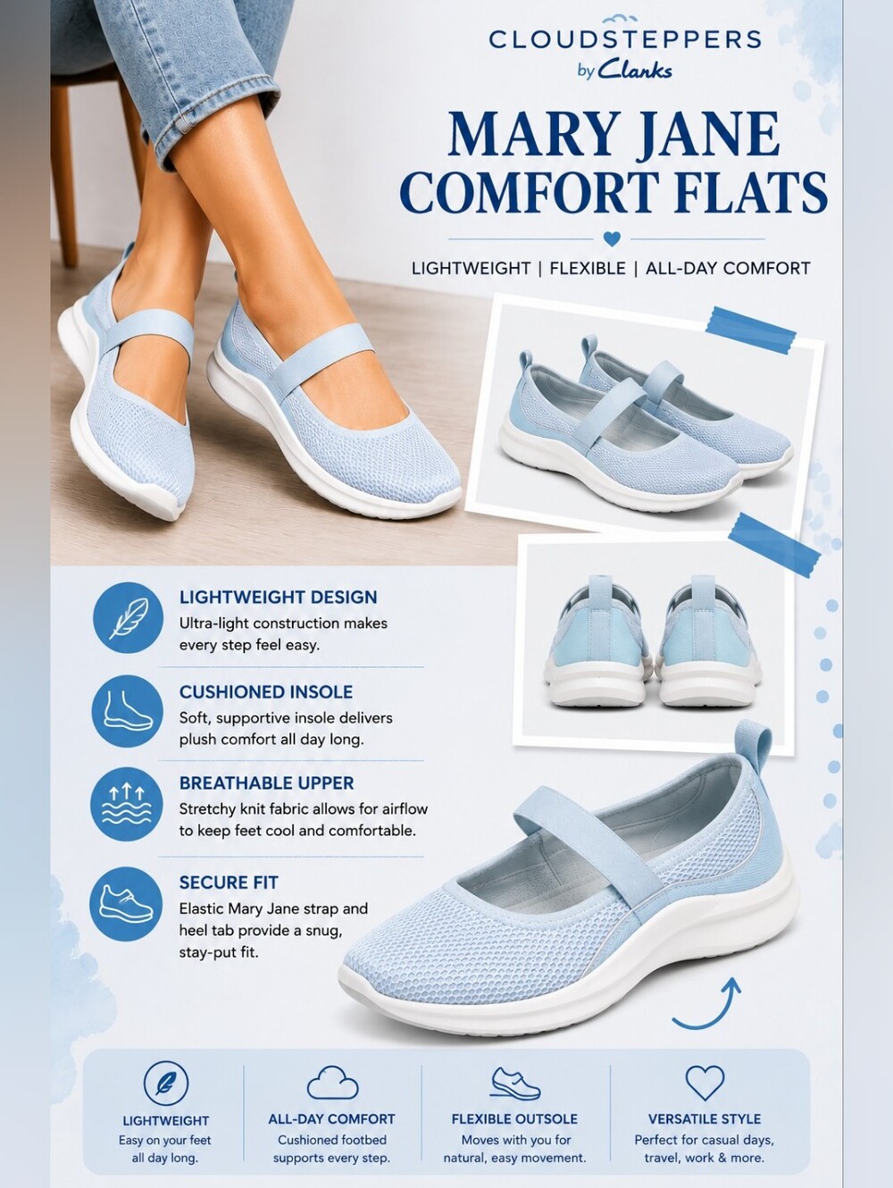 Clarks Cloudsteppers Mary Jane Comfort Flats in Light Blue